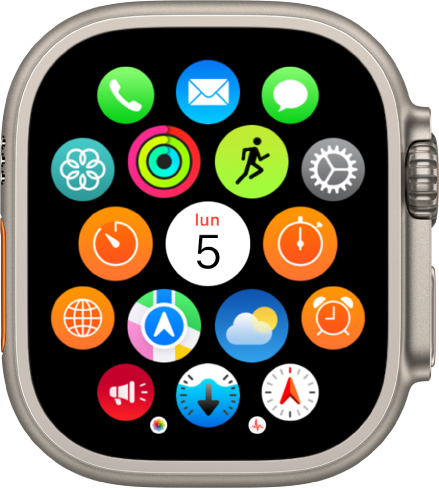 Pantalla de inicio con la visualización como cuadrícula en el Apple Watch, con apps en un grupo. Toca una app para abrirla. Gira la corona Digital Crown para ver más apps.