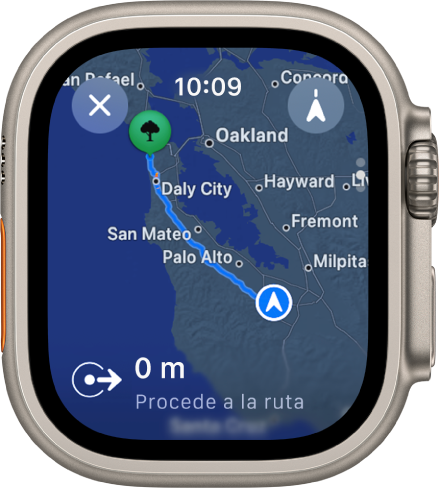 La app Mapas mostrando un vistazo general de las indicaciones en auto. La primera parte del trayecto se muestra en la parte inferior.
