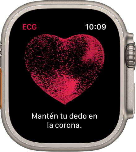 La app ECG mostrando una imagen de un corazón con las palabras “Mantén tu dedo en la corona”.
