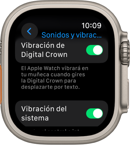 La pantalla Vibración de Digital Crown mostrando la vibración de la Digital Crown activada. Debajo se encuentra el botón Vibración del sistema.