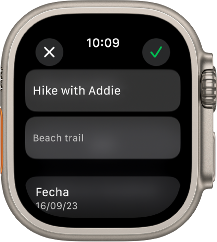La pantalla Edición en la app Recordatorios en el Apple Watch. El nombre del recordatorio está en la parte superior con una descripción abajo. En la parte inferior está la fecha en que está programado aparecer el recordatorio. El botón Seleccionar está en la esquina superior derecha. El botón Cerrar está en la esquina superior izquierda.