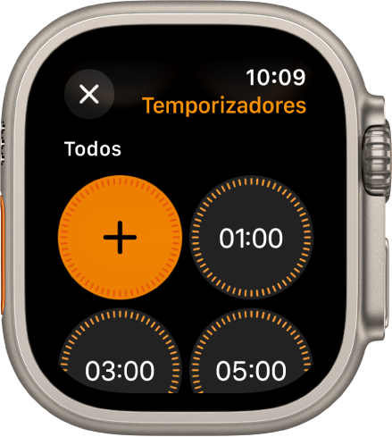 La pantalla de la app Temporizador mostrando el botón Agregar para crear un nuevo temporizador y temporizador rápidos de 1, 3 o 5 minutos.