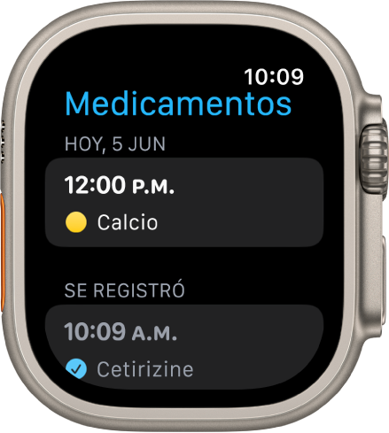La pantalla de Medicamentos mostrando un medicamento que debe tomarse al mediodía y un medicamento registrado.
