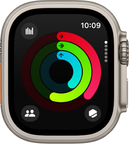 La app Actividad mostrando los círculos Moverse, Ejercicio y Pararse.