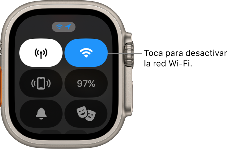 Centro de control del Apple Watch Ultra con el botón de Wi-Fi en la parte superior derecha. El texto dice Toca para desactivar la red Wi-Fi.