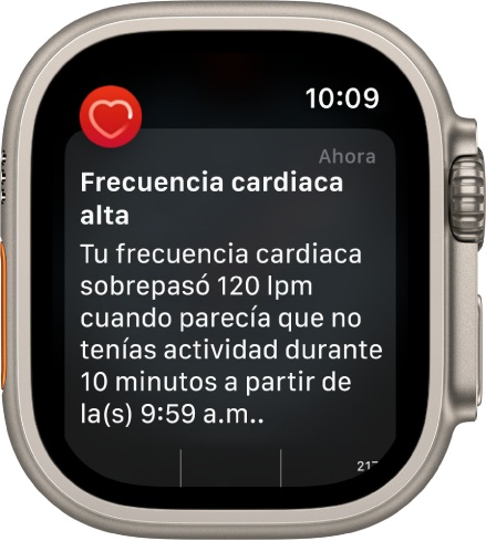 La pantalla Frecuencia cardiaca alta mostrando una notificación que indica que tu frecuencia superó los 120 LPM durante 10 minutos mientras estabas en reposo.