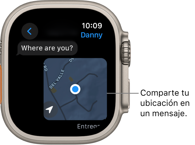 La app Mensajes mostrando un mapa con la ubicación marcada de una persona.