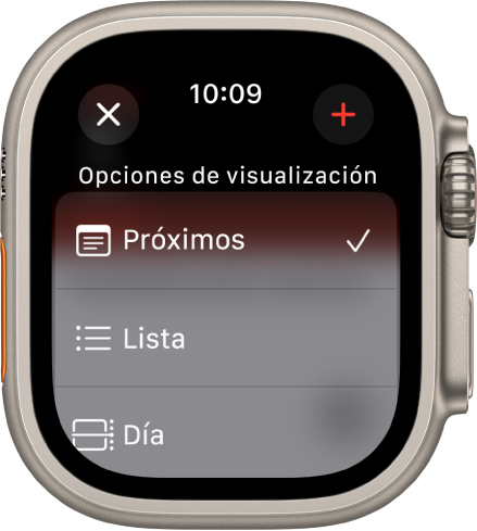 La pantalla de la app Calendario muestra el botón Evento nuevo en la parte superior y tres opciones de visualización debajo: Próximos, Lista y Día. El botón Agregar está en la esquina superior derecha.