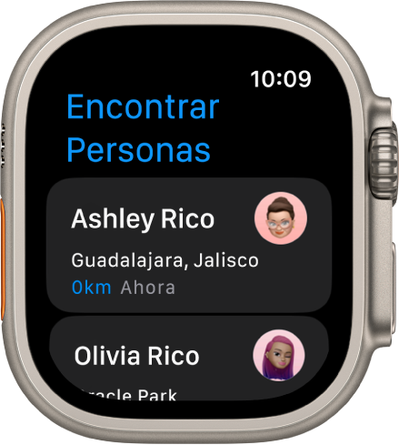 La app Encontrar Personas mostrando dos amigos y su ubicación aproximada.