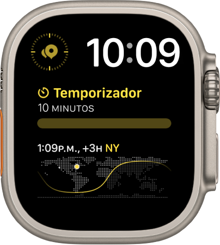 La carátula Modular (Dúo) mostrando un reloj digital cerca de esquina superior derecha y tres complicaciones: Puntos de referencia de la brújula en la esquina superior izquierda, Temporizadores en medio y Hora universal en la parte inferior.