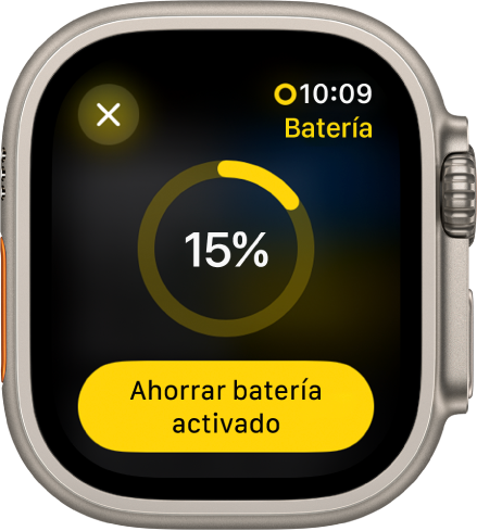La pantalla del modo Ahorrar batería con un círculo amarillo parcial que indica la carga restante. En medio del círculo se muestra 15%. El botón del modo Ahorrar batería activado está en la parte inferior. El botón Cerrar está en la esquina superior izquierda.