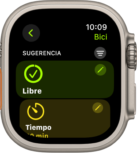 La app Entrenamiento muestra una pantalla para editar un entrenamiento Bici al aire libre. El cuadro Abrir está en el centro y tiene el botón Editar en la esquina superior derecha. Debajo se encuentra una parte del cuadro Tiempo.