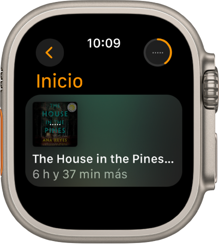 La pantalla Iniciar de la app Audiolibros. El botón Ahora suena está en la esquina superior derecha. El libro reproduciéndose se muestra en el centro y el tiempo restante se muestra a la izquierda debajo del título.