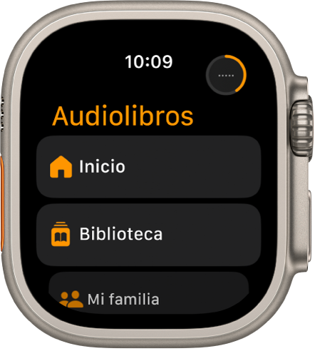 La app Audiolibros mostrando los botones Iniciar, Biblioteca y Mi familia.