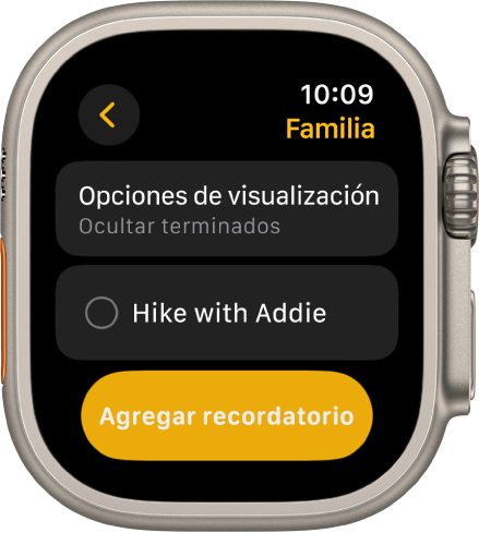 La app Recordatorios mostrando un recordatorio. El botón Ver opciones está en la parte superior con un recordatorio abajo. En la parte inferior está el botón Agregar recordatorio.