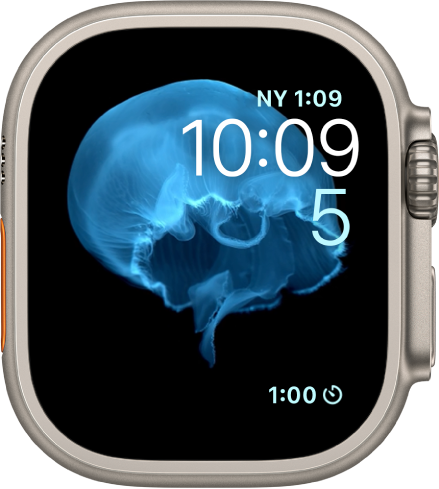 La carátula Movimiento mostrando una medusa. Puedes escoger qué objeto se muestra en movimiento y agregar varias complicaciones. La complicación Reloj Mundial en la parte superior derecha, la fecha y hora están debajo, y la complicación Temporizador está en la parte inferior.