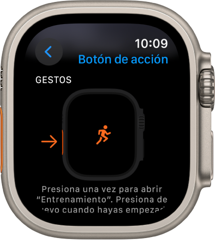 Pantalla del botón de acción en el Apple Watch Ultra mostrando que se seleccionó la opción Entrenamiento para la acción y la app. Al presionar el botón de acción una vez, se abre la app Entrenamiento.