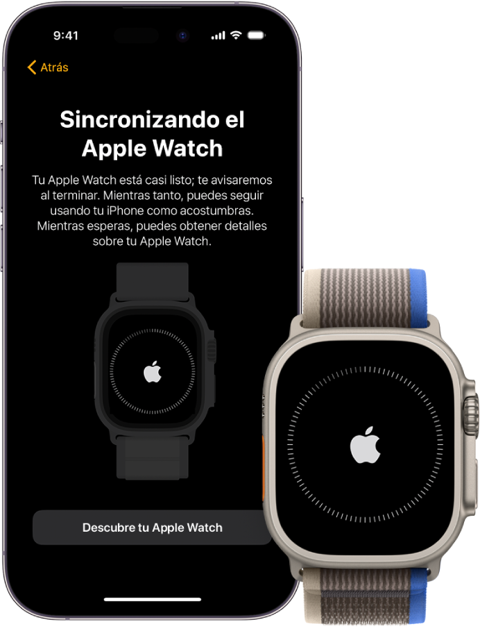 Un iPhone y un Apple Watch Ultra mostrando sus pantallas de enlace.