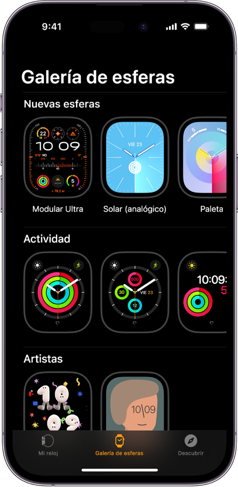 App Apple Watch con la galería de esferas abierta. La fila superior muestra las esferas nuevas y la siguiente fila, esferas agrupadas por tipo (Actividad y Artistas, por ejemplo). Puedes desplazarte para ver más esferas agrupadas por tipo.