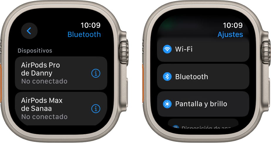 Dos pantallas, una junto a otra. La pantalla de la izquierda muestra dos dispositivos Bluetooth: AirPods Pro y AirPods Max, ninguno de los cuales están conectados. A la derecha está la pantalla Ajustes, con los botones Wi-Fi, Bluetooth y “Pantalla y brillo” en una lista.