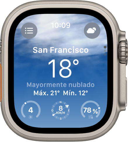 La app Tiempo, con una vista general del tiempo del día. Se muestra el nombre de la ubicación, con la temperatura actual debajo. Abajo hay tres botones: “Índice UV”, “Velocidad viento” y Precipitación. Arriba a la izquierda está el botón “Lista de ubicaciones”, y arriba a la derecha, el botón Condiciones.