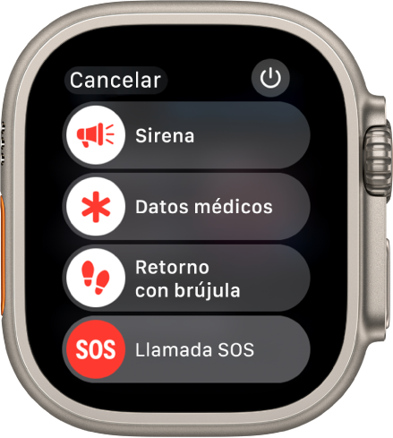 Pantalla del Apple Watch con cuatro reguladores: Sirena, “Datos médicos”, “Retorno con brújula” y “Llamada SOS”. Arriba a la derecha se muestra un botón de encendido.