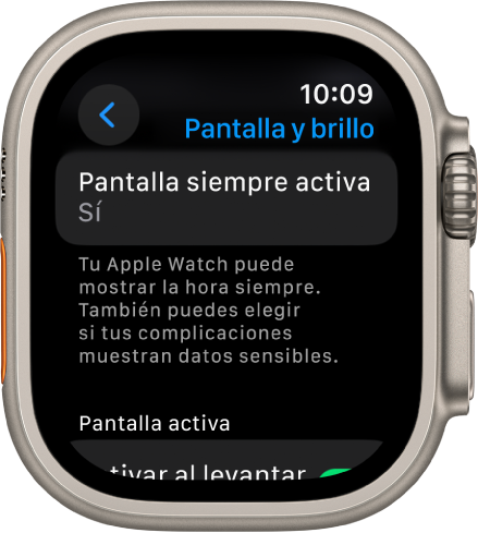 La pantalla de “Pantalla y brillo” con el botón “Pantalla siempre activa”.