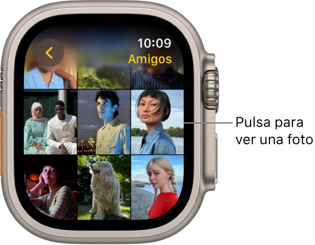 Pantalla principal de la app Fotos del Apple Watch, con varias fotos colocadas en una retícula.