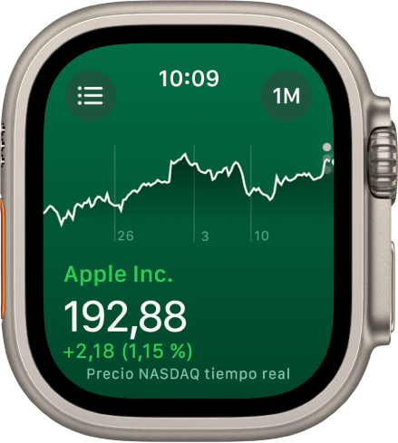 Información sobre un valor en la app Bolsa. Una gráfica grande con la evolución del valor a lo largo de un mes aparece en mitad de la pantalla.