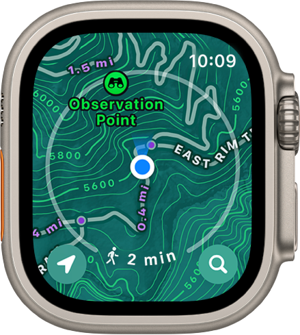 Un Apple Watch Ultra en el que se ve un mapa topográfico.
