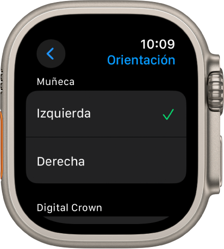 La pantalla de Orientación en el Apple Watch Puedes ajustar las preferencias en cuanto a la muñeca y la corona Digital Crown.
