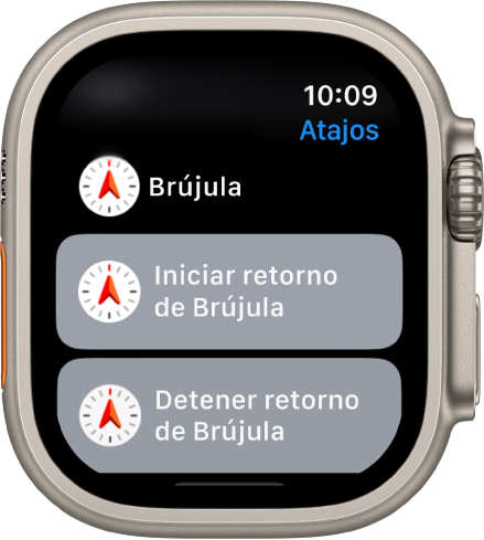 La app Atajos en el Apple Watch con dos atajos de Brújula: “Iniciar ‘Retorno con Brújula’” y “Detener ‘Retorno con Brújula’”.