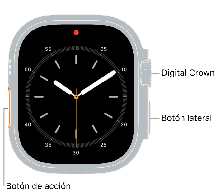 El frontal del Apple Watch Ultra, con la pantalla mostrando la esfera, y la corona Digital Crown, el micrófono y un botón lateral de arriba abajo en el lateral del reloj.