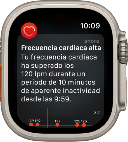 La pantalla de “Pulsaciones altas” con una notificación que dice que tu frecuencia cardiaca ha estado por encima de los 120 lpm durante un periodo de 10 minutos de aparente inactividad.
