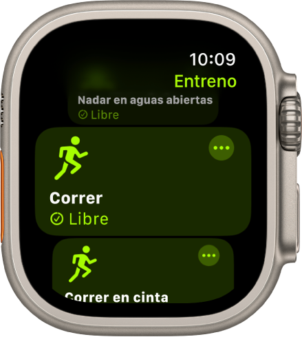 La pantalla Entreno, con el entreno Correr resaltado. En la esquina superior derecha de la ficha del entreno se muestra un botón Más.