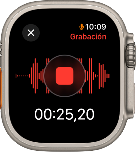 La app Notas de Voz en mitad de la grabación de una nota. En el centro hay un botón rojo Detener. Debajo está el tiempo transcurrido de la grabación. Arriba a la derecha se puede leer la palabra “Grabación”.