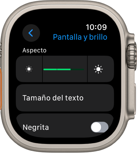 Los ajustes “Pantalla y brillo” del Apple Watch, con el regulador de brillo arriba y el botón “Tamaño del texto” abajo.