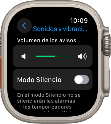 Ajustes de “Sonidos y vibraciones” del Apple Watch, con el regulador “Volumen de aviso” en la parte superior y la opción del modo Silencio debajo.