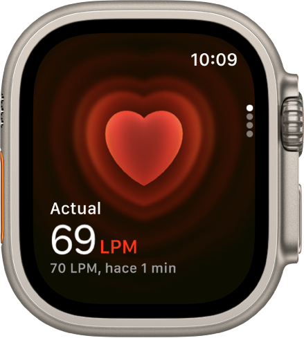 App Frecuencia Cardiaca con tu frecuencia cardiaca actual en el extremo inferior izquierdo y, debajo de ella, la última lectura en letra más pequeña.