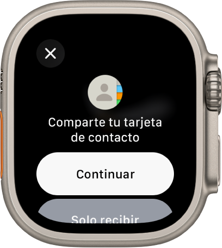 La pantalla de NameDrop con dos botones: Continuar, que te permite recibir un contacto además de compartir el tuyo, y “Solo recibir”, para que únicamete se reciba la información de contacto de otra persona.