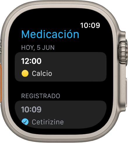 La pantalla Medicación, con un medicamento que debe tomarse al mediodía y una medicación registrada.