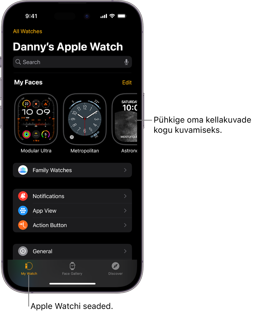 iPhone'is avatud rakenduse Apple Watch kuva My Watch, kus üleval kuvatakse kellakuvasid ning all seadeid. Rakenduse Apple Watch alaservas on kolm vahekaarti: vasakul on vahekaart My Watch, kust saate valida Apple Watchi seadeid; järgmisena on vahekaart Face Gallery, kust saate avastada saadaolevaid kellakuvasid ja komplikatsioone; seejärel Discover, kust saate lisateavet Apple Watchi kohta.