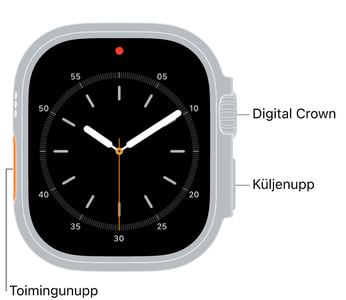 Apple Watch Ultra esikülg, kus ekraanil on kellakuva ning kella küljel ülevalt alla Digital Crown, mikrofon ja küljenupp.