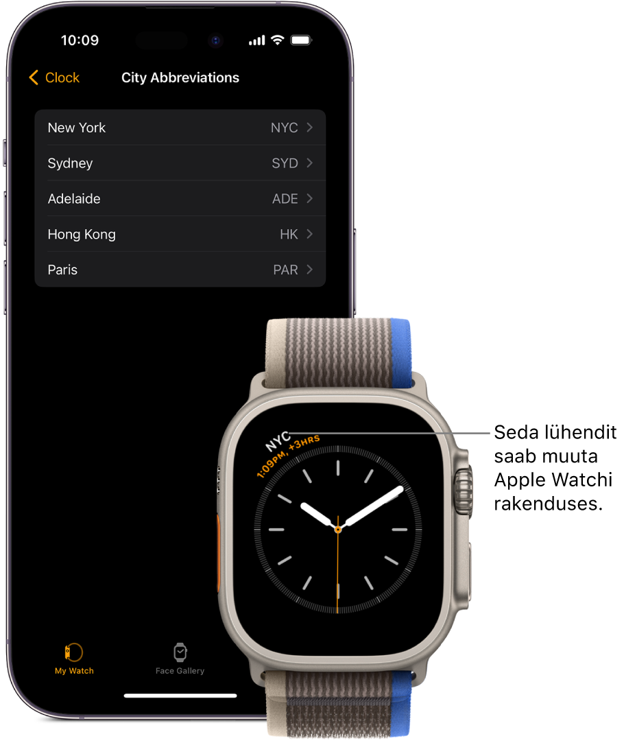 iPhone ja Apple Watch, üksteise kõrval. Apple Watchi ekraanil kuvatakse New York City kellaaega, kasutades lühendit NYC. iPhone'i ekraanil on rakendusest Apple Watch valitud Clock-seadete alt linnade loend.