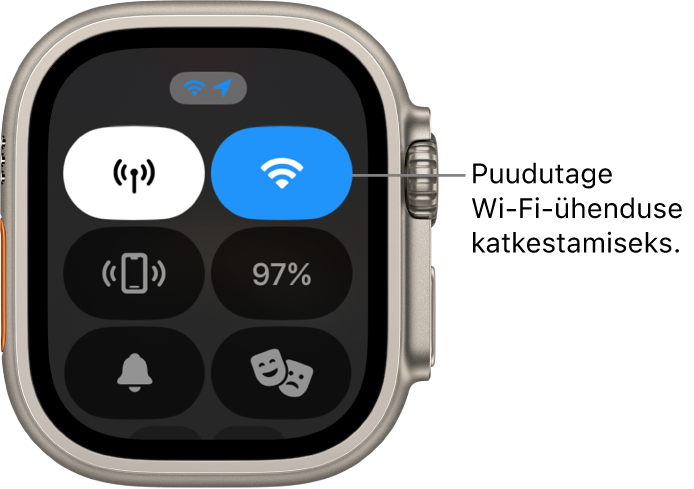 Apple Watch Ultra Control Center, kus üleval paremal kuvatakse nuppu Wi-Fi. Väljaviigus on kirjas “Puudutage Wi-Fi-ühenduse katkestamiseks”.