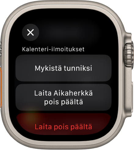 Ilmoitukset-asetukset Apple Watchissa Yläpainikkeessa lukee ”Mykistä tunniksi”. Alla ovat painikkeet Laita Aikaherkkä pois päältä ja Laita pois päältä.