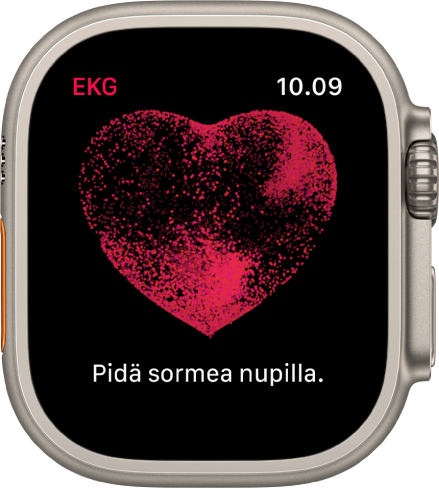 EKG-appi, jossa näkyy kuva sydämestä ja teksti ”Pidä sormea nupilla”.