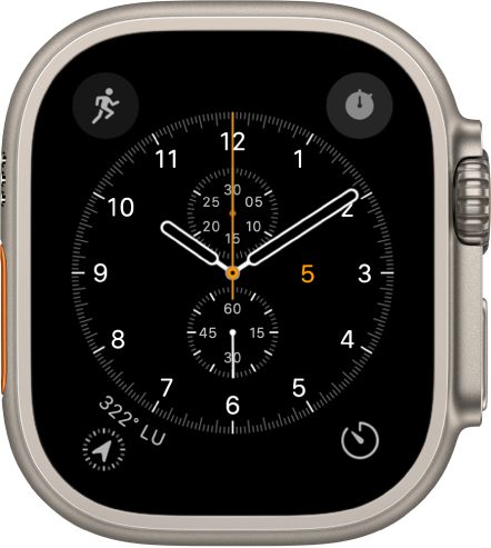 Kronografi-kellotaulu, jossa voit säätää kellotaulun väriä ja numerotaulun yksityiskohtia. Siinä näkyy neljä komplikaatiota: Treeni on ylävasemmalla, Ajanotto yläoikealla, Kompassi alavasemmalla ja Ajastin alaoikealla.