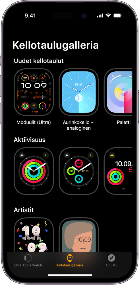 Apple Watch ‑appi, jossa on avoinna Kellotaulugalleria. Ylärivillä on uusia kellotauluja, seuraavalla riveillä on kellotauluja tyypeittäin, kuten Aktiivisuus ja Taiteilijat. Voit vierittämällä näyttää lisää tyypin mukaan ryhmiteltyjä kellotauluja.