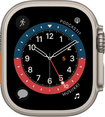 GMT-kellotaulu, jossa voit säätää kellotaulun väriä. Siinä näkyy neljä komplikaatiota: Treeni on ylävasemmalla, Viestit yläoikealla, Ajastimet alavasemmalla ja Musiikki alaoikealla.